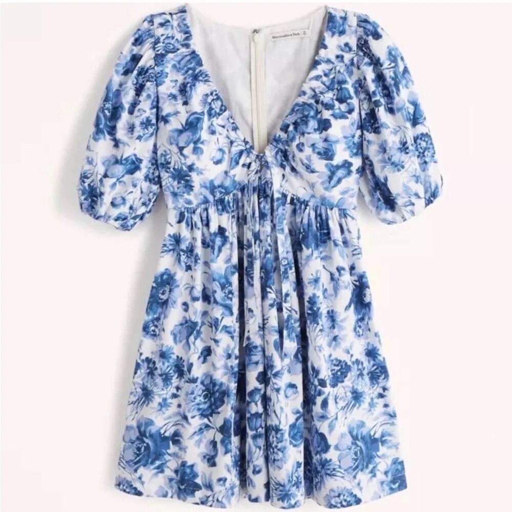 NWT Abercrombie Floral Poplin Mini Dress Puff Sleeve Large Blue Cottage Coquette